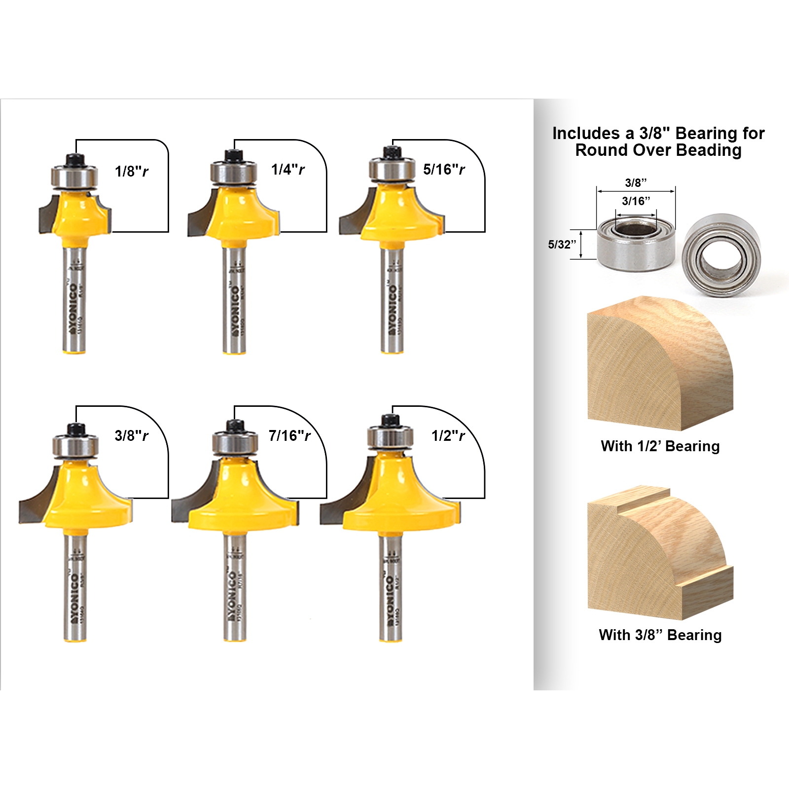 Edging :: Round Over :: 6 bit Round over and Beading Router Bit Set