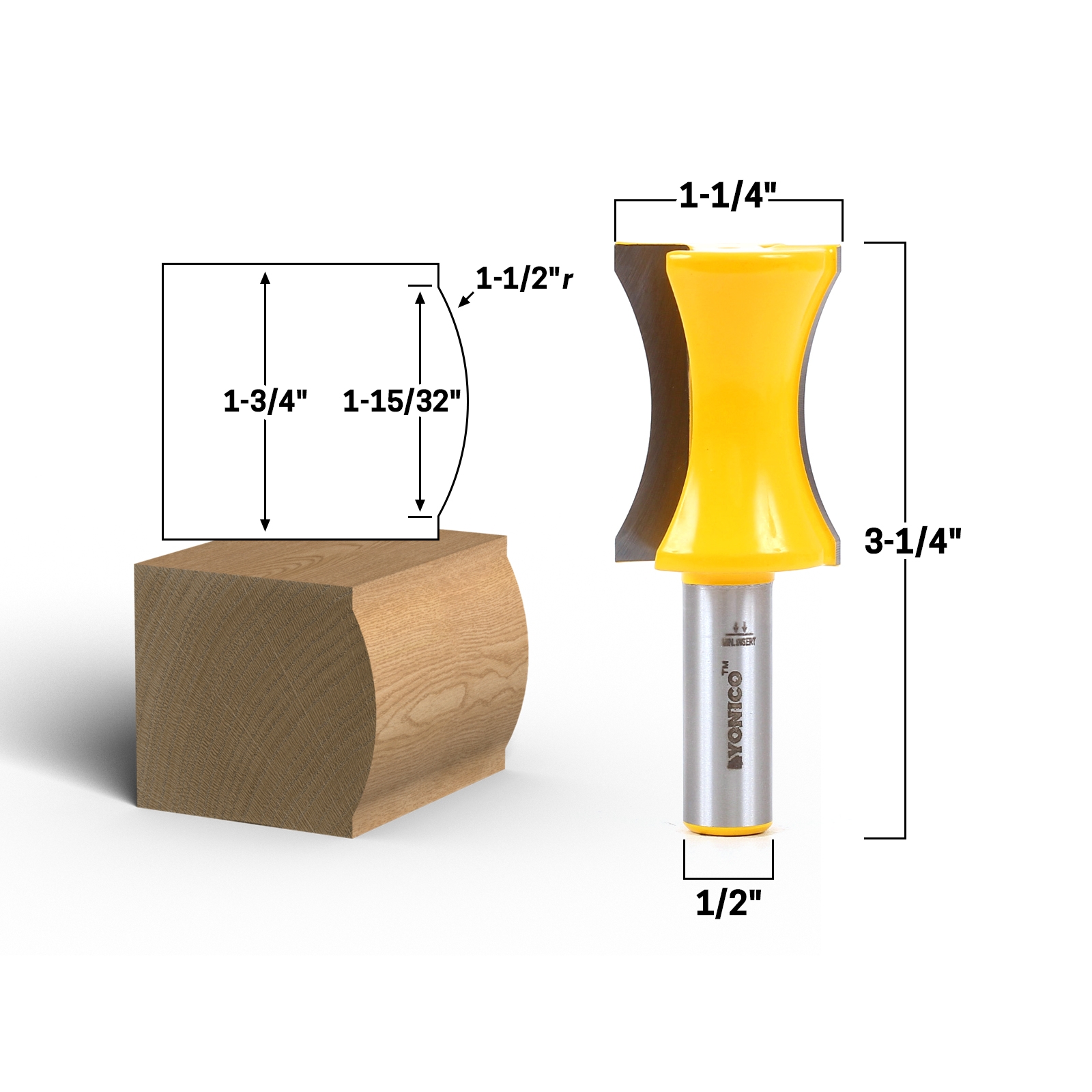 1 1/2 quot Radius Convex Convex Edge Router Bit 1/2 quot Shank Yonico 13132