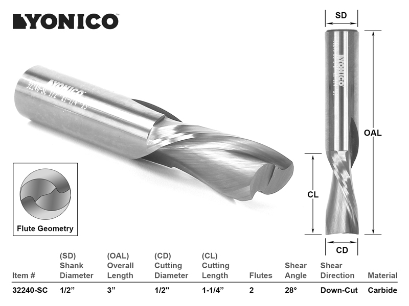 1/4" Dia. 2 Flute Downcut CNC Router Bit - 1/4" Shank - Yonico 32216-SC - Foto 3