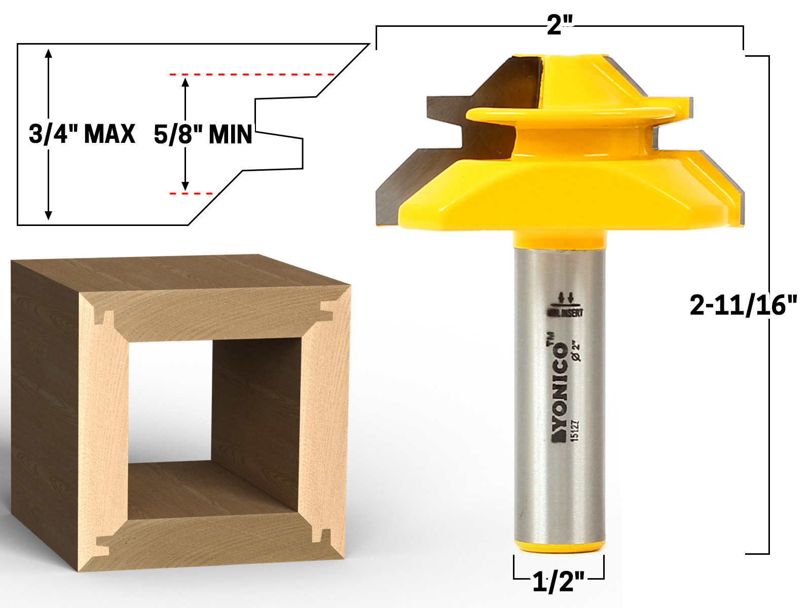 7/8 Cutting Length; 1/2 Shank Diameter Magnate 7202 45 degree Corner Lock Mitre Router Bit 7/8 Cutting Length; 1/2 Shank Diameter Magnate 7202 45 degree Corner Lock Mitre Router Bit