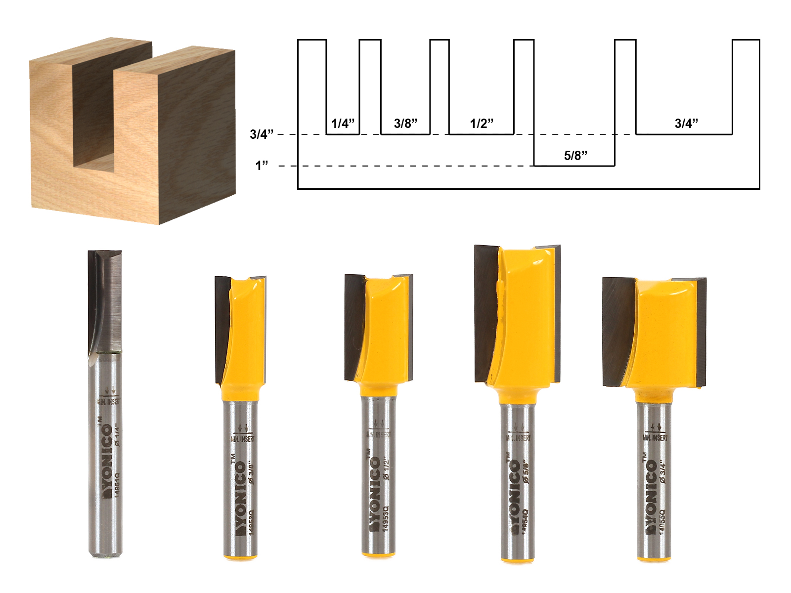 Yonico Straight Router Bits 3/8-Inch Diameter X 1-Inch Height 1/4-Inch Shank 14024q