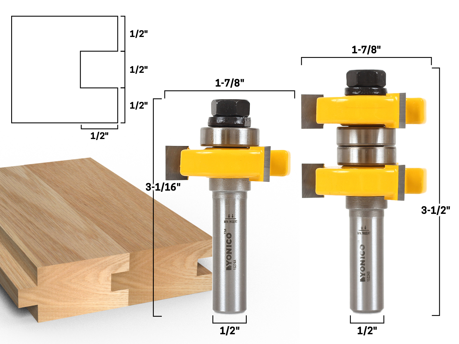 2PCS/set 3T T-type 1/4 Inch Shank Tongue Groove Router Bit Tenon Cutter Tool 