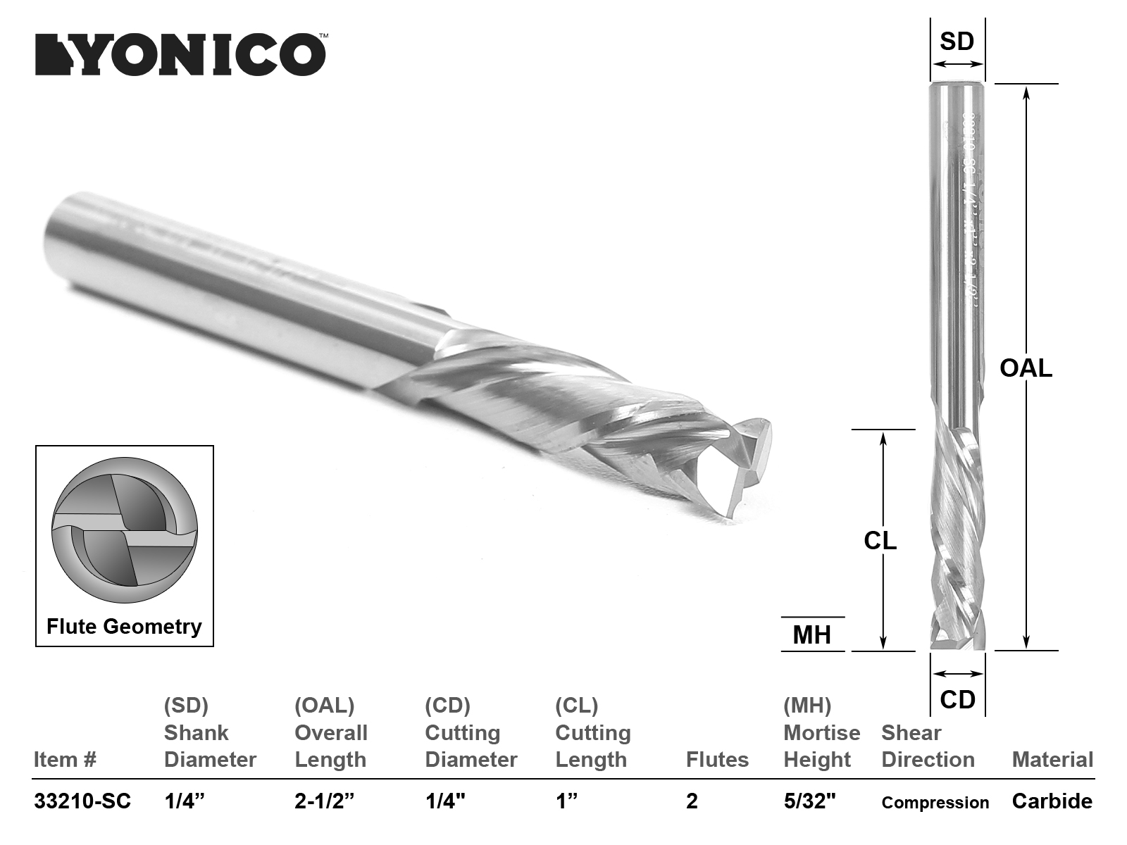 Yonico 33220-SC 2 Flute Compression CNC Router Bit 3/8" Shank 3/8" Dia 