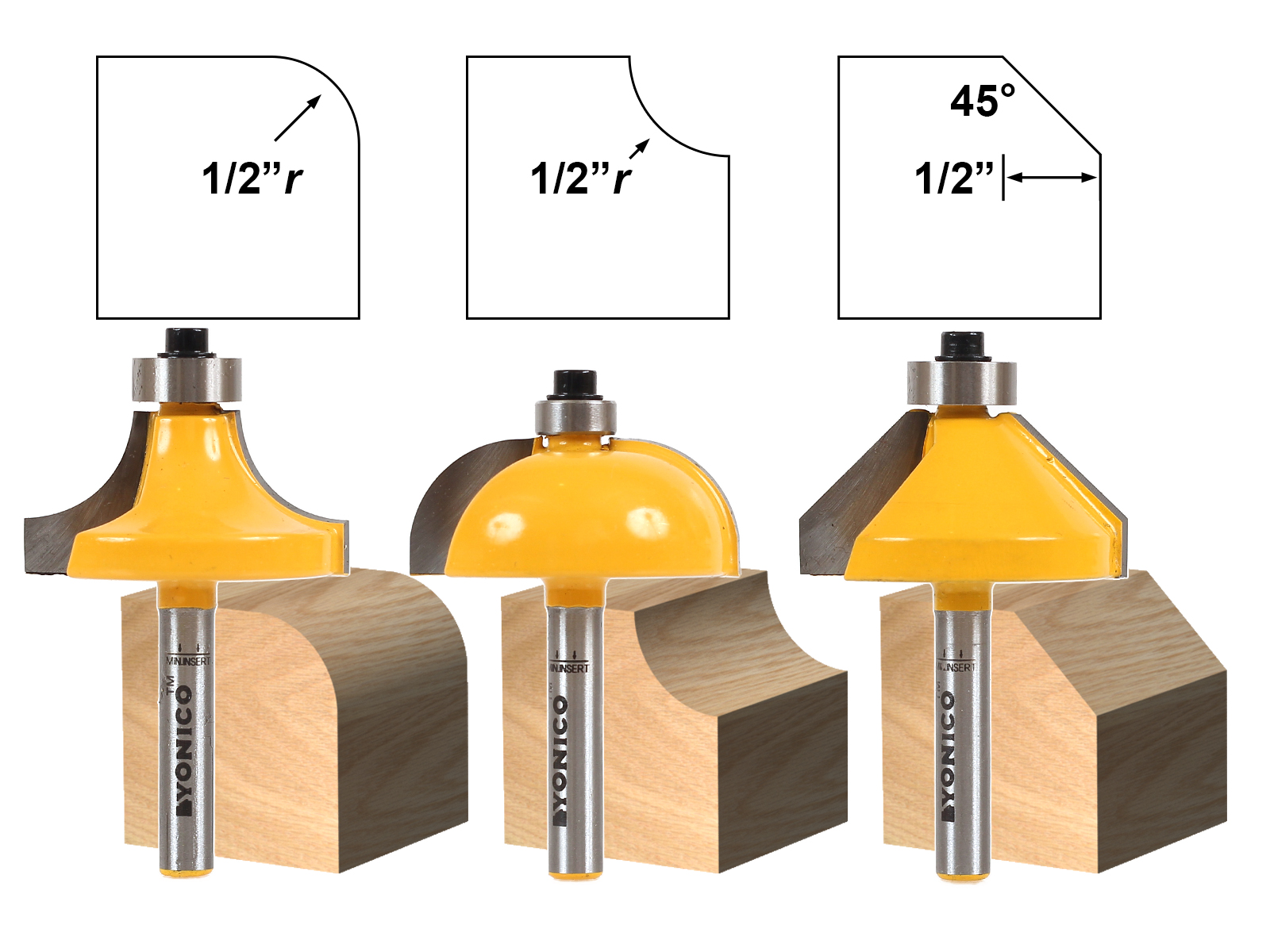 3 Bit Edging Router Bit Set - Large Round over Cove and Chamfer - Yonico 13312q 3 Bit Edging Router Bit Set - Large Round over Cove and Chamfer - Yonico 13312q