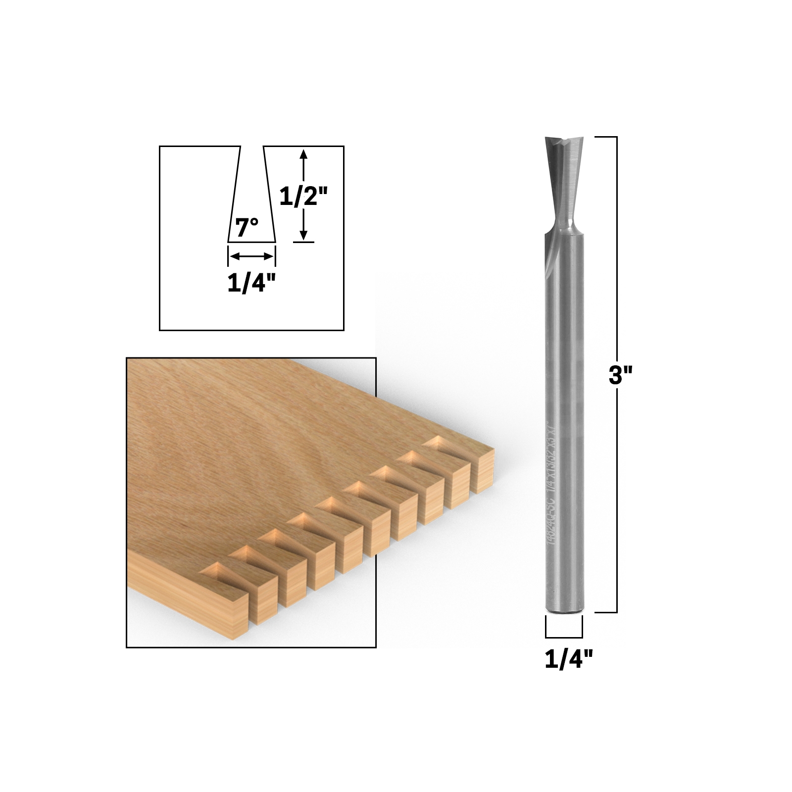 7° X 1/4" Solid Carbide Dovetail Router Bit 1/4" Shank Yonico 14824q