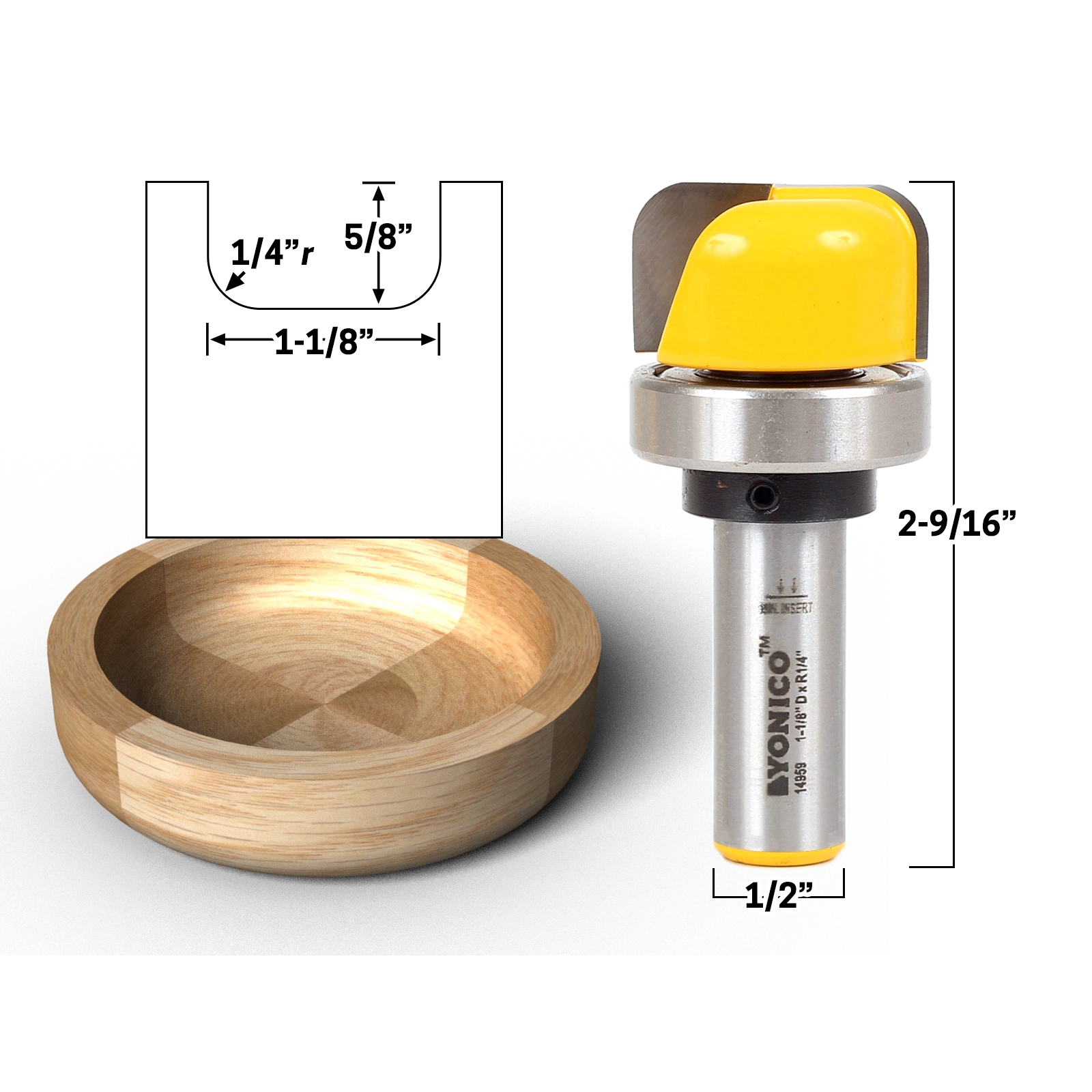 11/8" Diameter Bowl & Tray Template Router Bit 1/2" Shank Yonico 14959