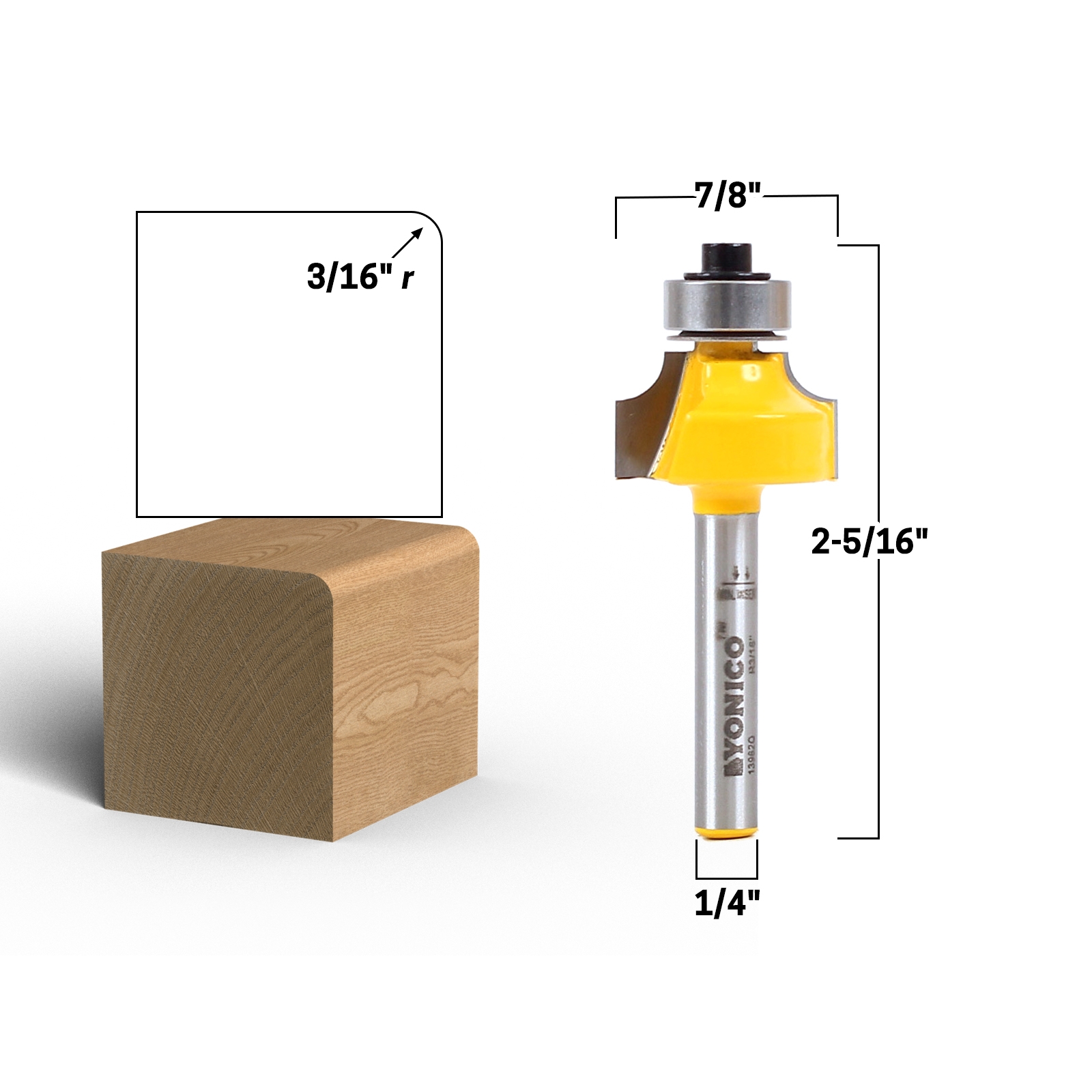 3/16" Radius Round Over Edge Forming Router Bit 1/4" Shank Yonico