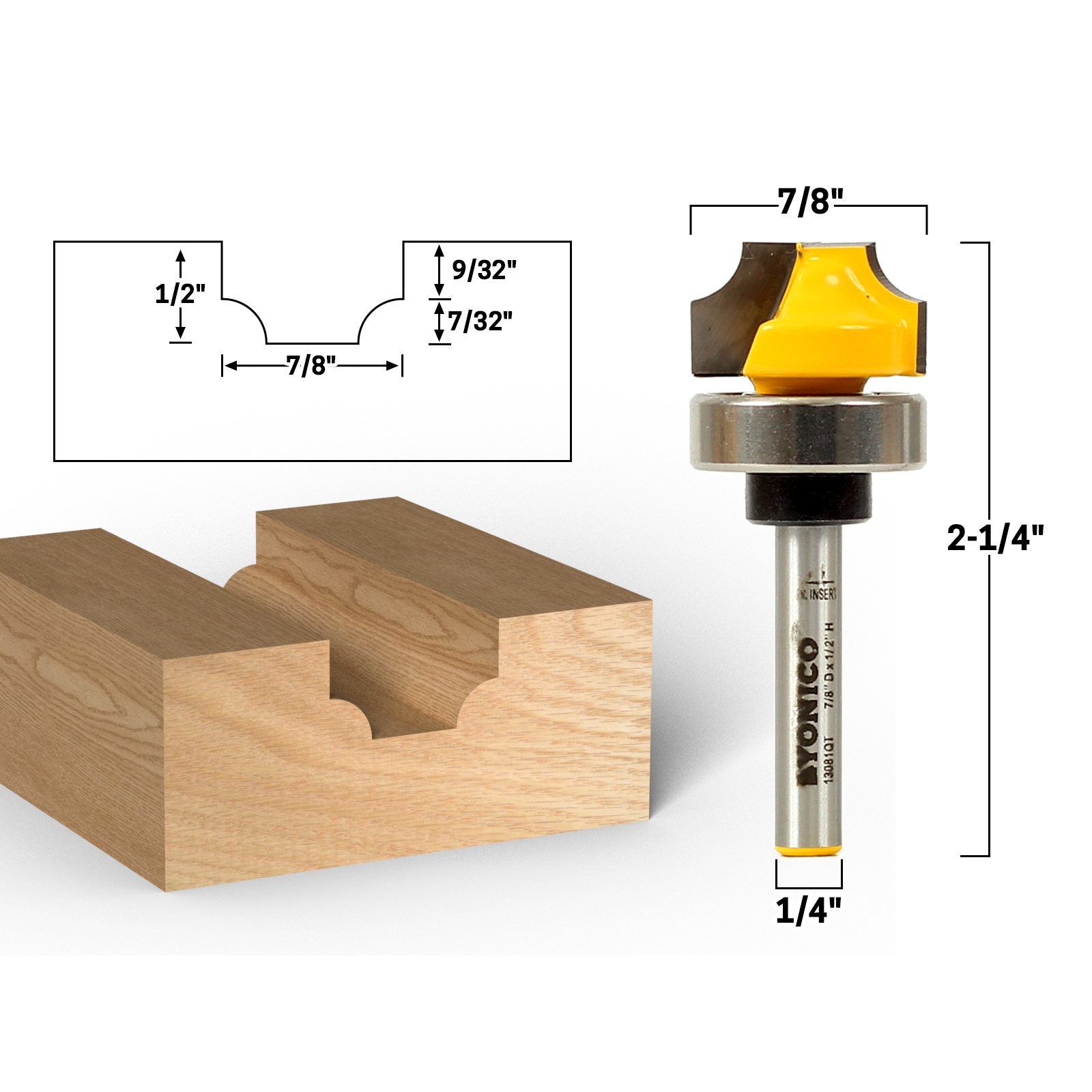 7/32" Radius Round Over Groove Router Bit 1/4" Shank Yonico 13081qt