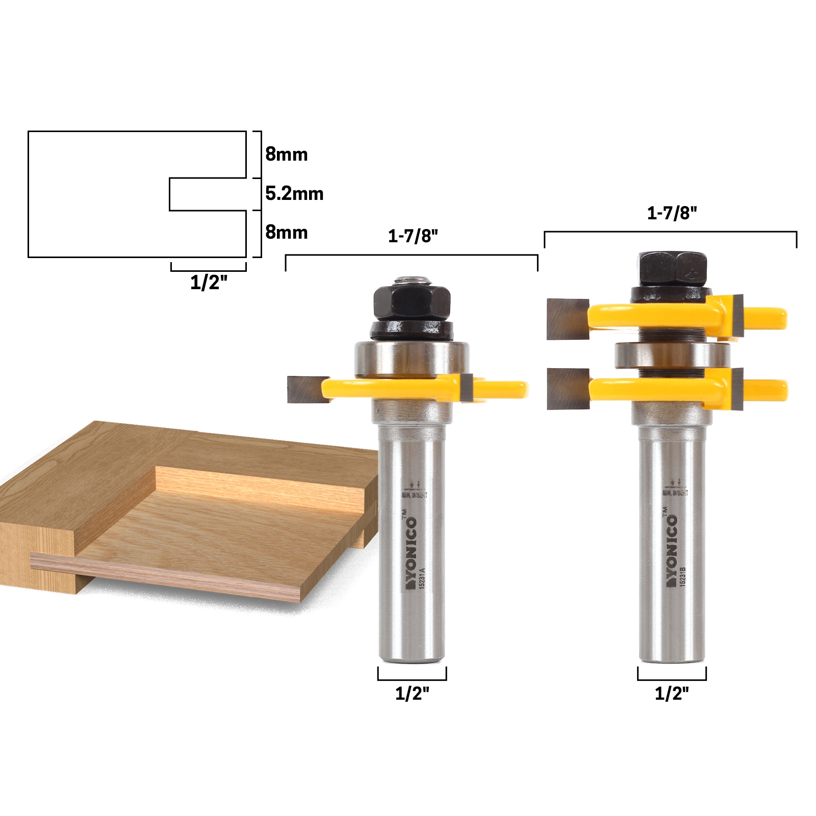 2 pc 1/2" Sh 1/4"x1/4" Tongue & Groove Joint Assembly Router Bit Set S
