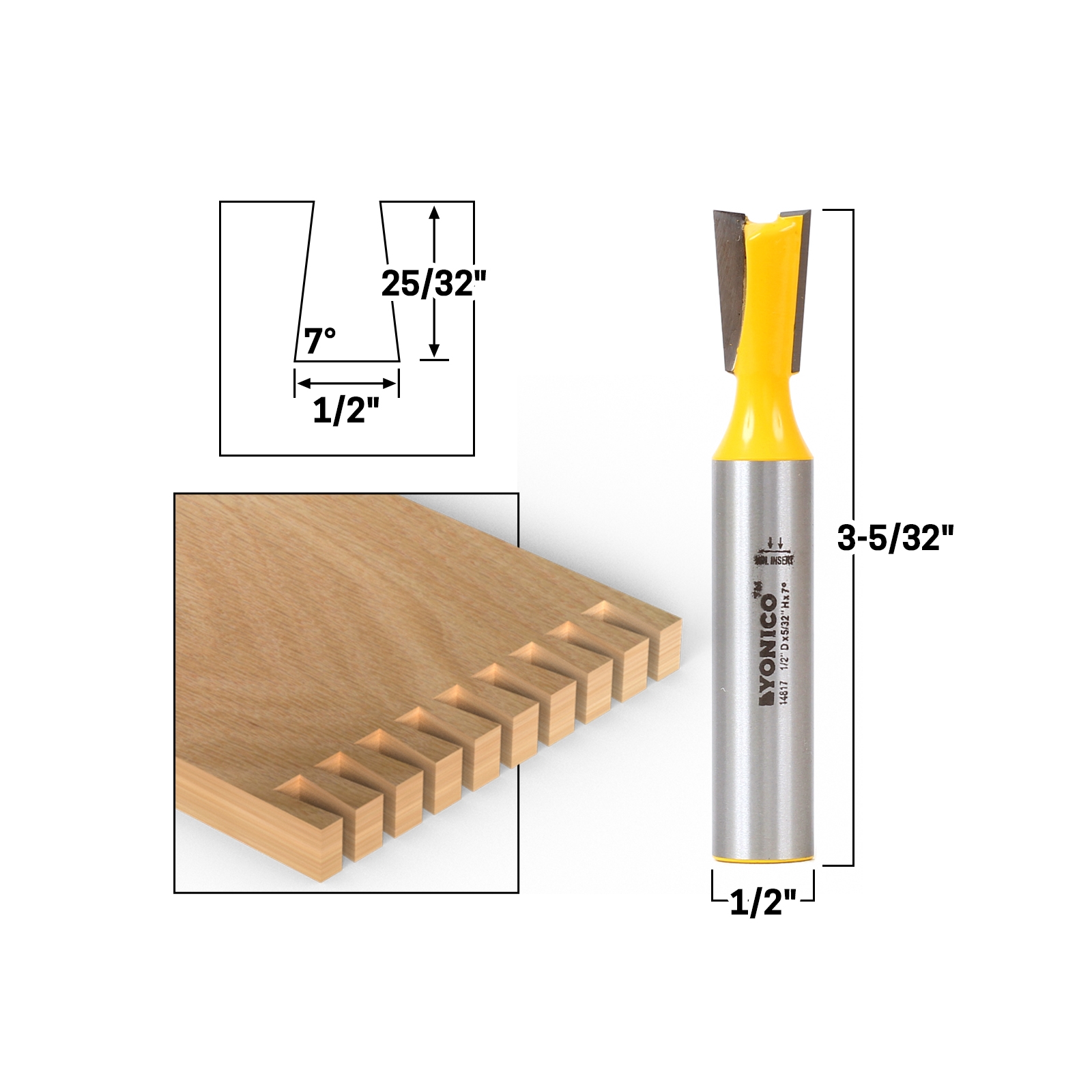 7° X 1/2" Dovetail Router Bit 1/2" Shank Yonico 14817