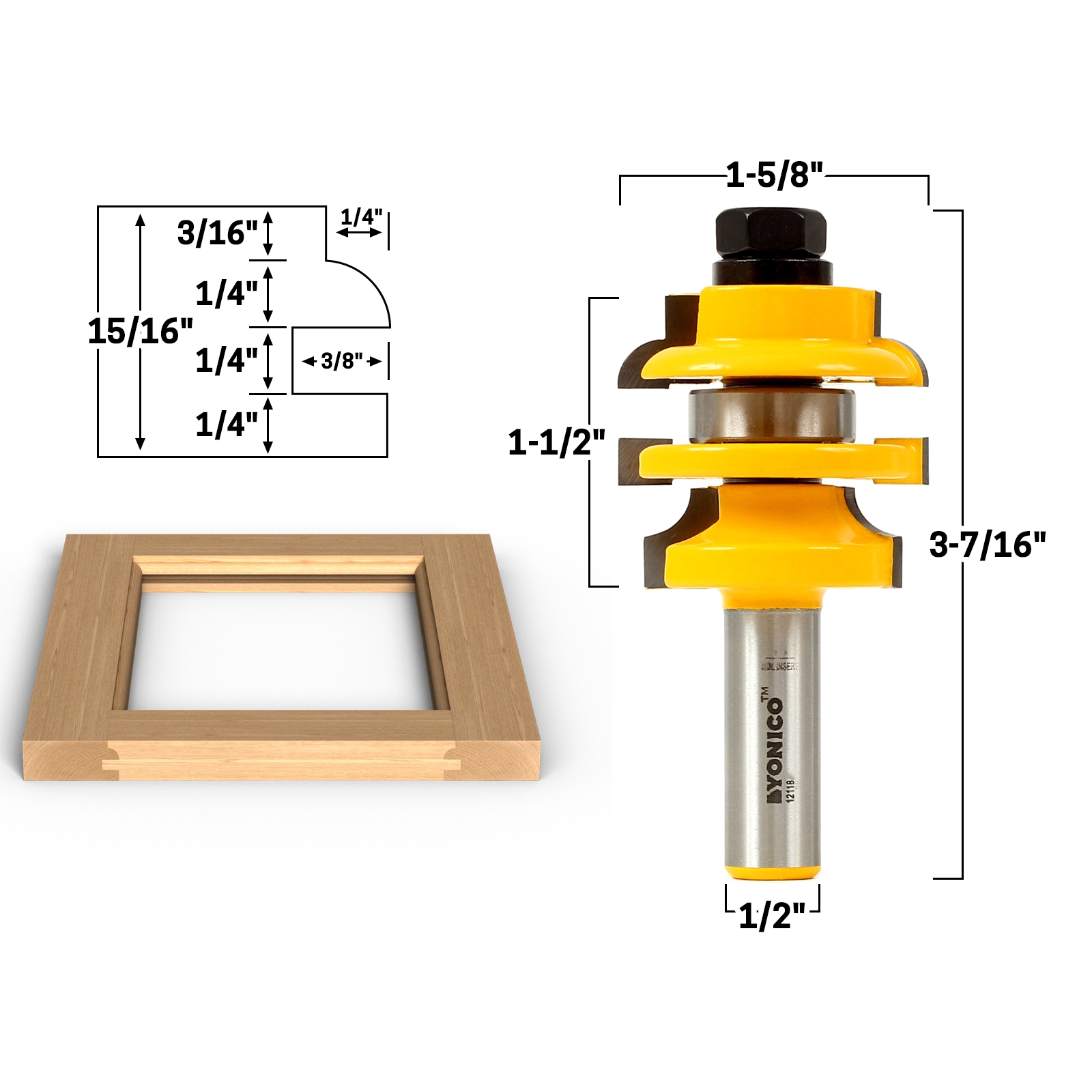 Yonico 12120 1/2" Shank Classical Ogee Stacked Rail and Stile Router Bit 