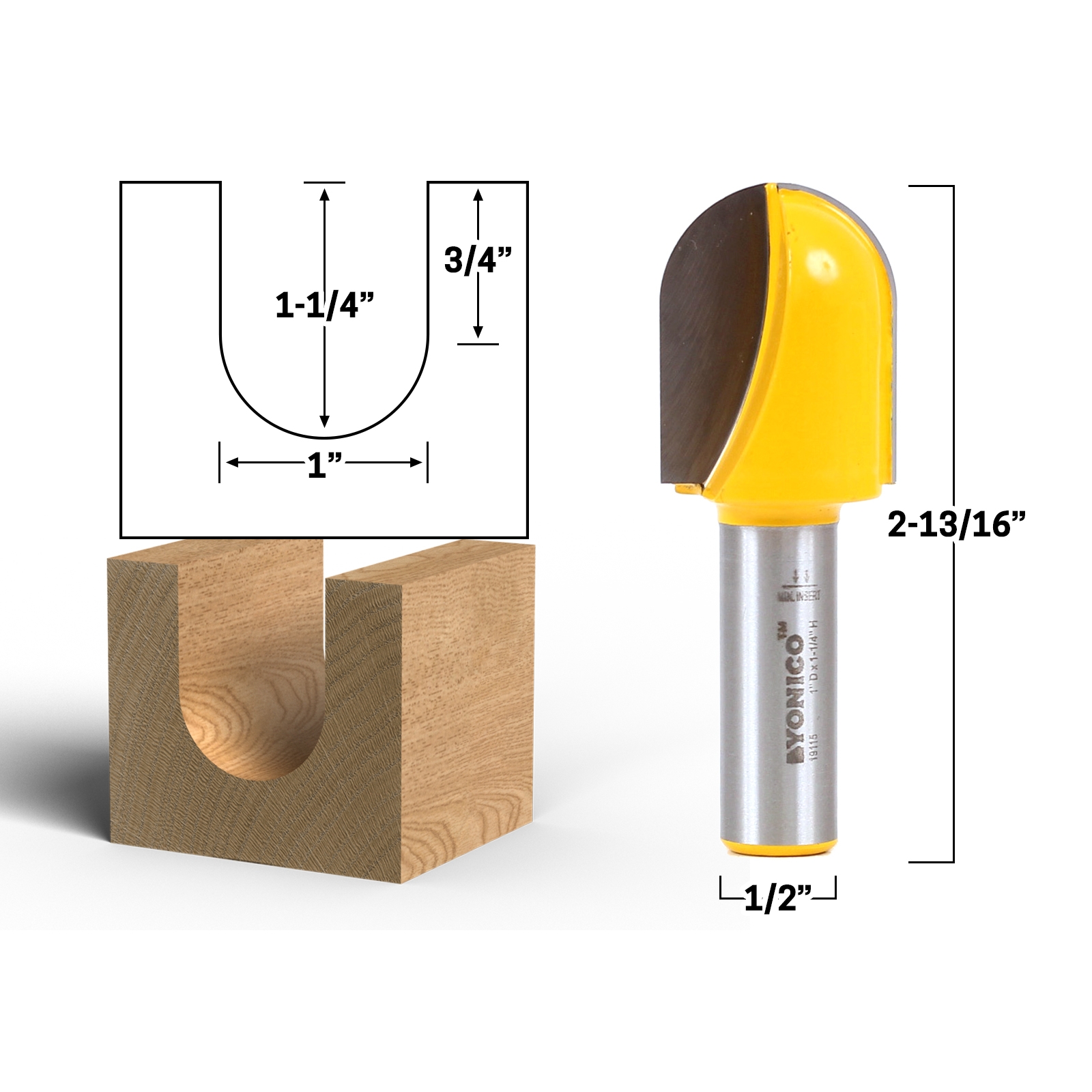 Groove Core Box 1" Diameter Core Box Router Bit 1/2" Shank Yonico 19115