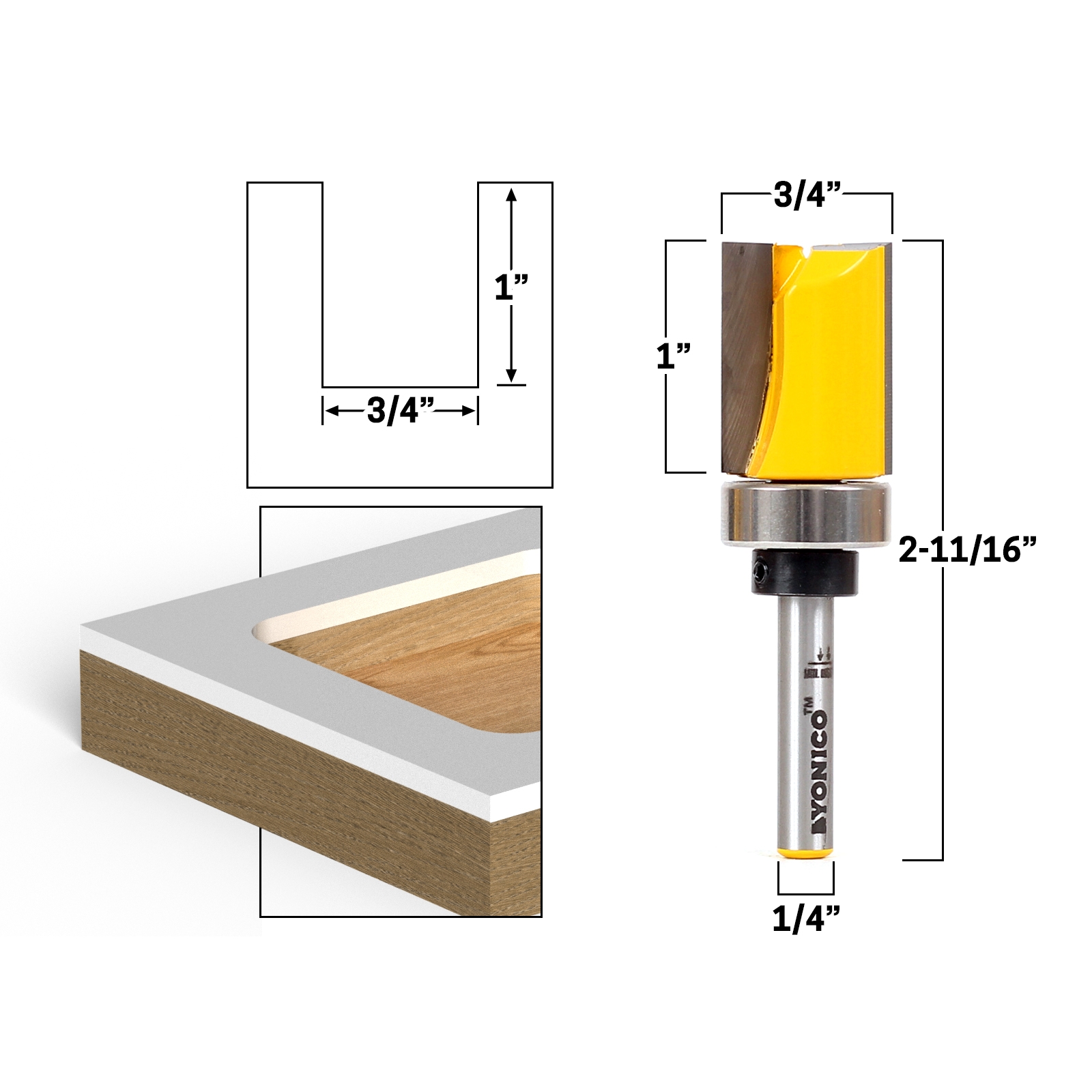 Yonico 2 Bit 3/8" Diameter Flush Trim Template Router Bit Set - 1/4