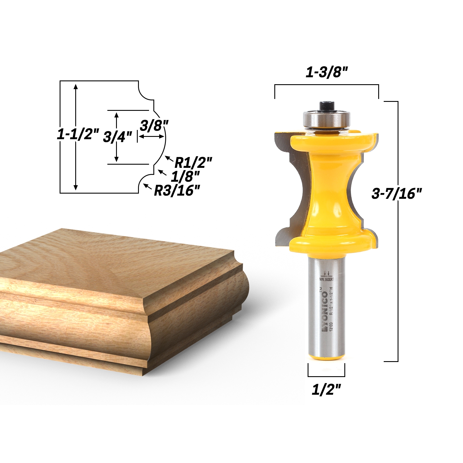 Column Face and Chair Rail Molding Router Bit KATUR Bullnose and Bead Router Bit 1/2 Inch Shank 1.25 Inch Width Woodworking Milling Tools 