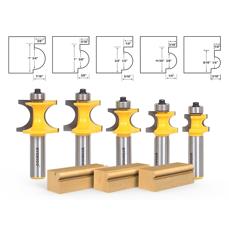 Edging Edging Sets 5 Bit Bullnose Beading Router Bit Set C3 Carbide Tipped 1/2" Shank