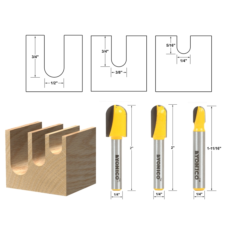 Groove Core Box Core Box Router Bits 3 pc. Set 1/4" Shank