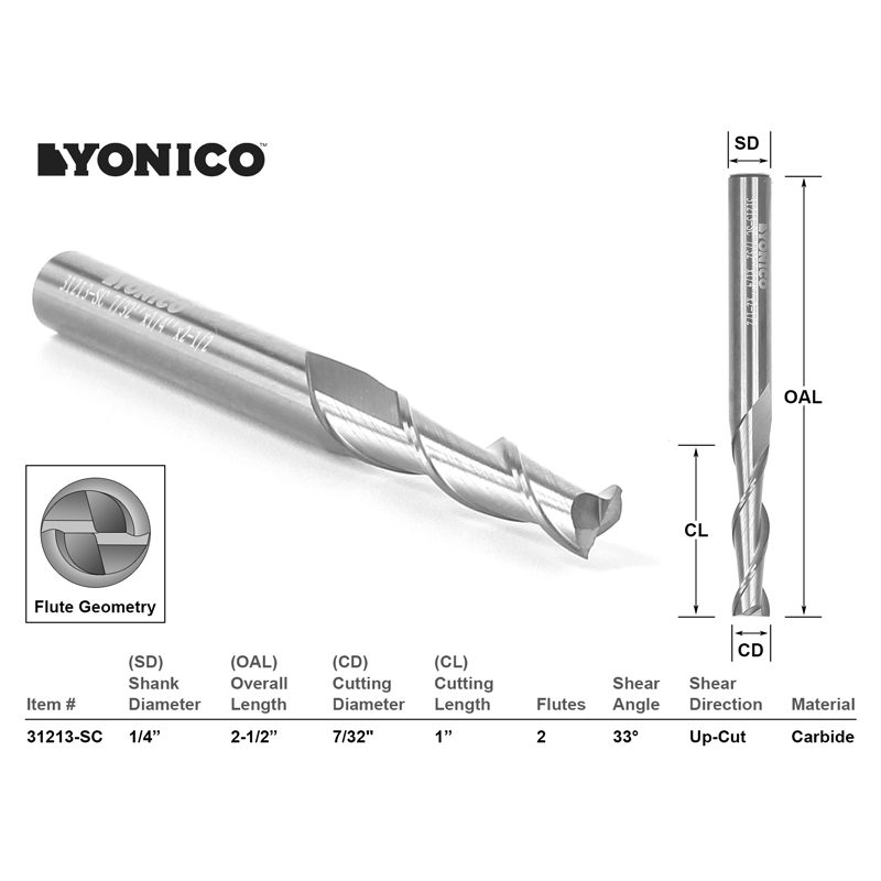 1/8 x 1/2 x 1/4 x 2 Yonico 32310-SC CNC Router Bit Down Cut Solid Carbide with 1/4 Shank 
