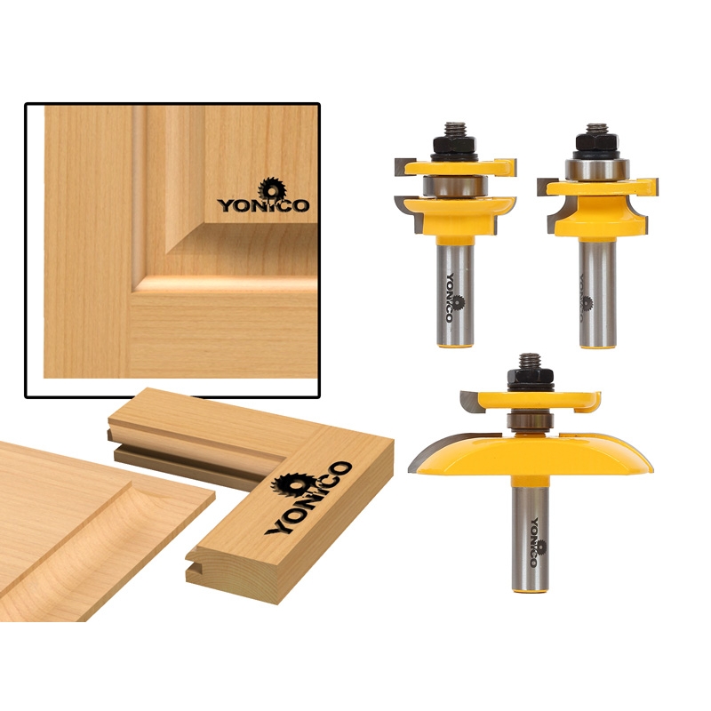 Round Over Rail Stile with Cove Panel Raiser 3 Bit Router Bit Set