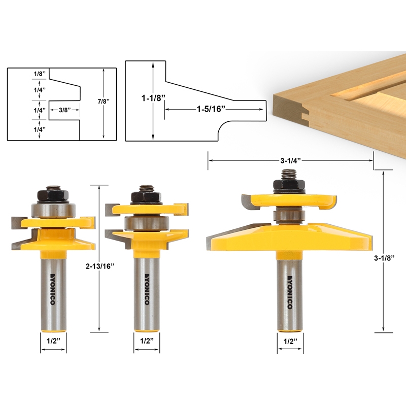 Router Bit Sets Door Window Sets Shaker 3 Bit Raised Panel Cabinet Door Router Bit Set with Back cutter Panel Raiser 1 2 Shank Yonico 12350