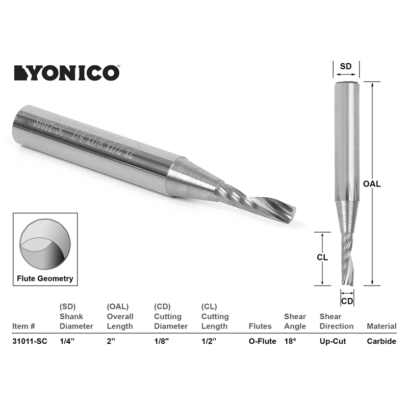 1/8" Diameter OFlute End Mill for Aluminum Yonico 31011SC